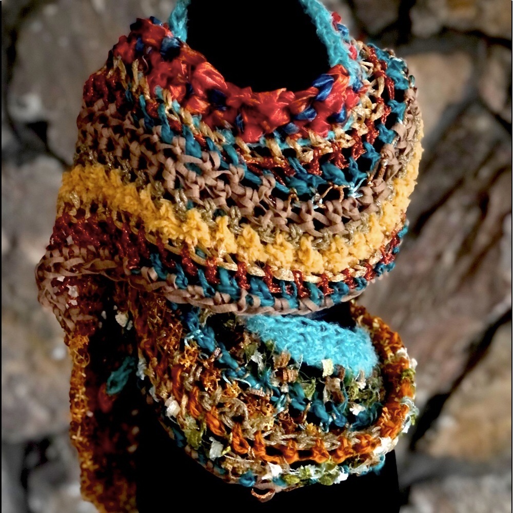 Multi colored crocheted scarf